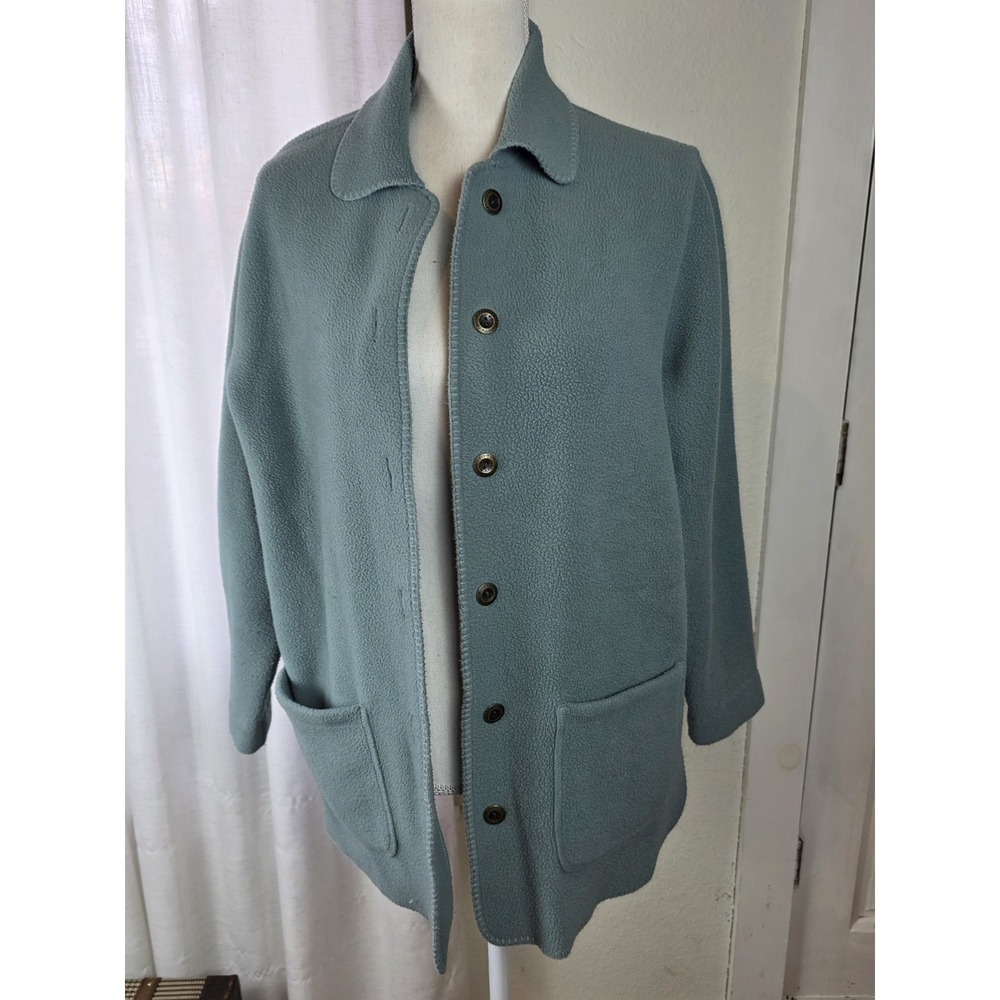 Vintage LL Bean Fleece Cardigan Womens Medium Blue Button Up Long‎